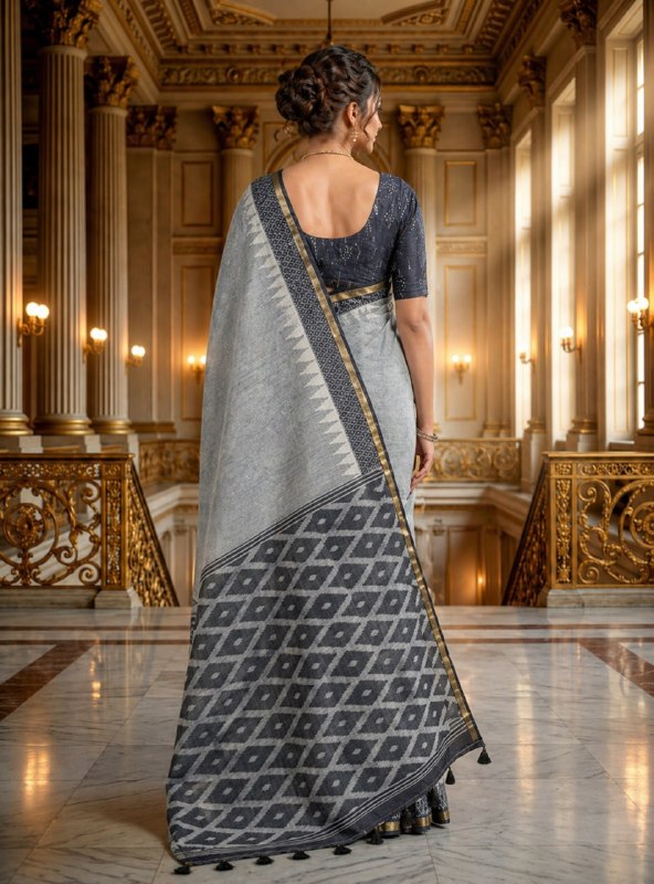 Grey Woven Cotton Blend Saree with Designer Border & Tassels
