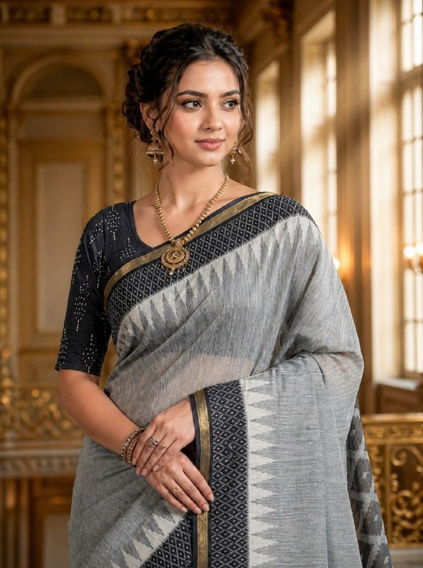 Grey Woven Cotton Blend Saree with Designer Border & Tassels
