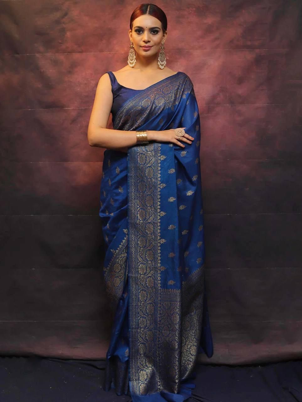 Royal Blue Soft Lichi Silk Jacquard Saree with Rich Golden Border