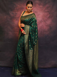 Bottle Green Soft Lichi Silk Jacquard Saree with Rich Golden Border