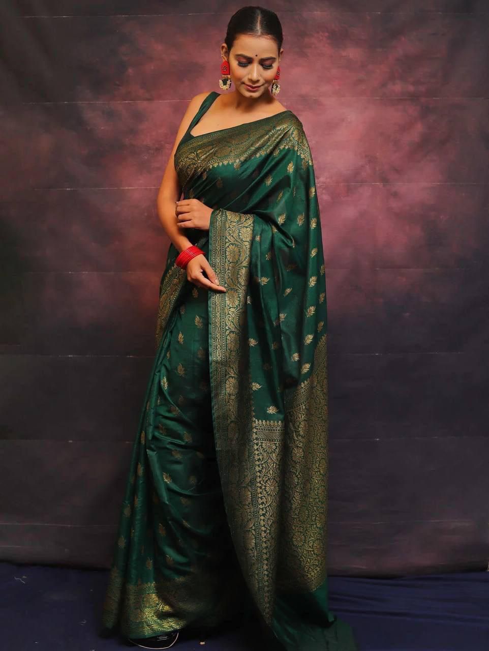Bottle Green Soft Lichi Silk Jacquard Saree with Rich Golden Border