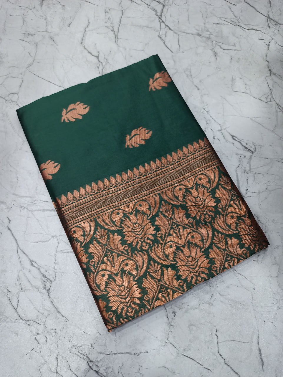 Bottle Green Soft Lichi Silk Jacquard Saree with Rich Golden Border