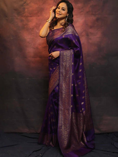 Royal Purple Soft Lichi Silk Saree with Golden Jacquard Work