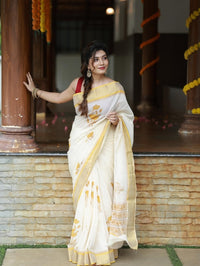 Off-White Kerala Kasavu Cotton Saree with Golden Motif Print