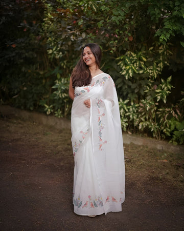 Elegant White Floral Printed Saree with Soft Pastel Border