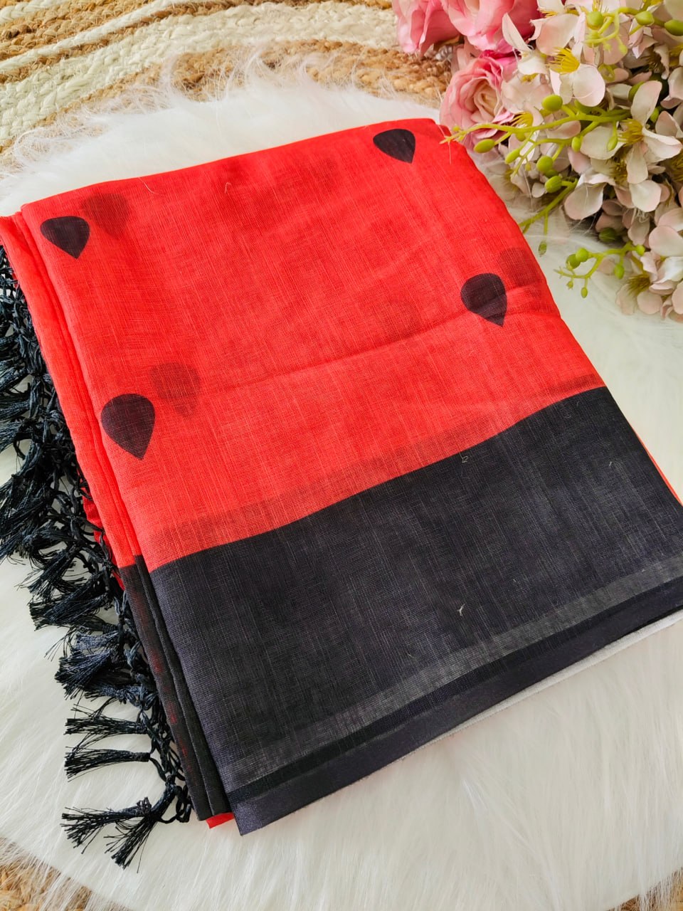 Bold Red Saree with Black Border & Traditional Motif Print