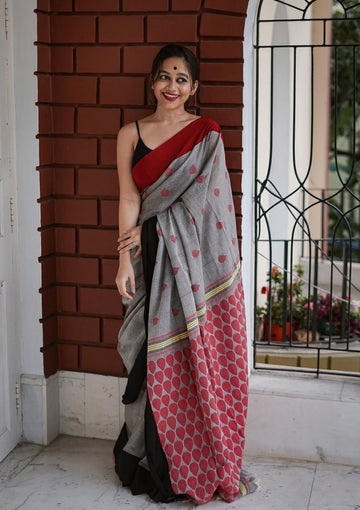 Grey & Red Printed Saree with Contrast Border and Artistic Motifs