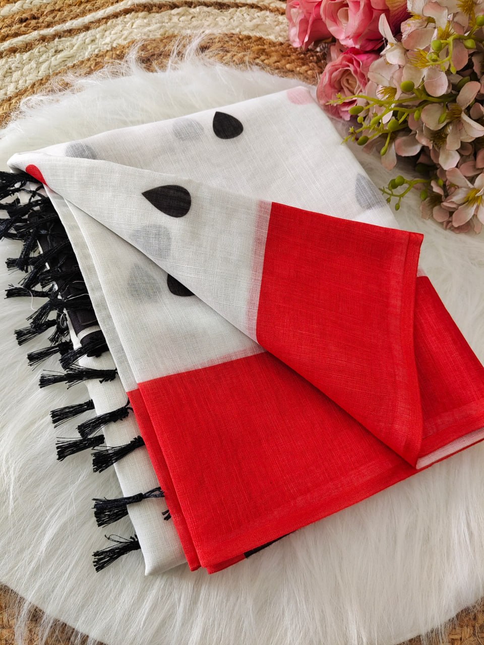 Off-White Saree with Red Abstract Print & Contrast Black Border