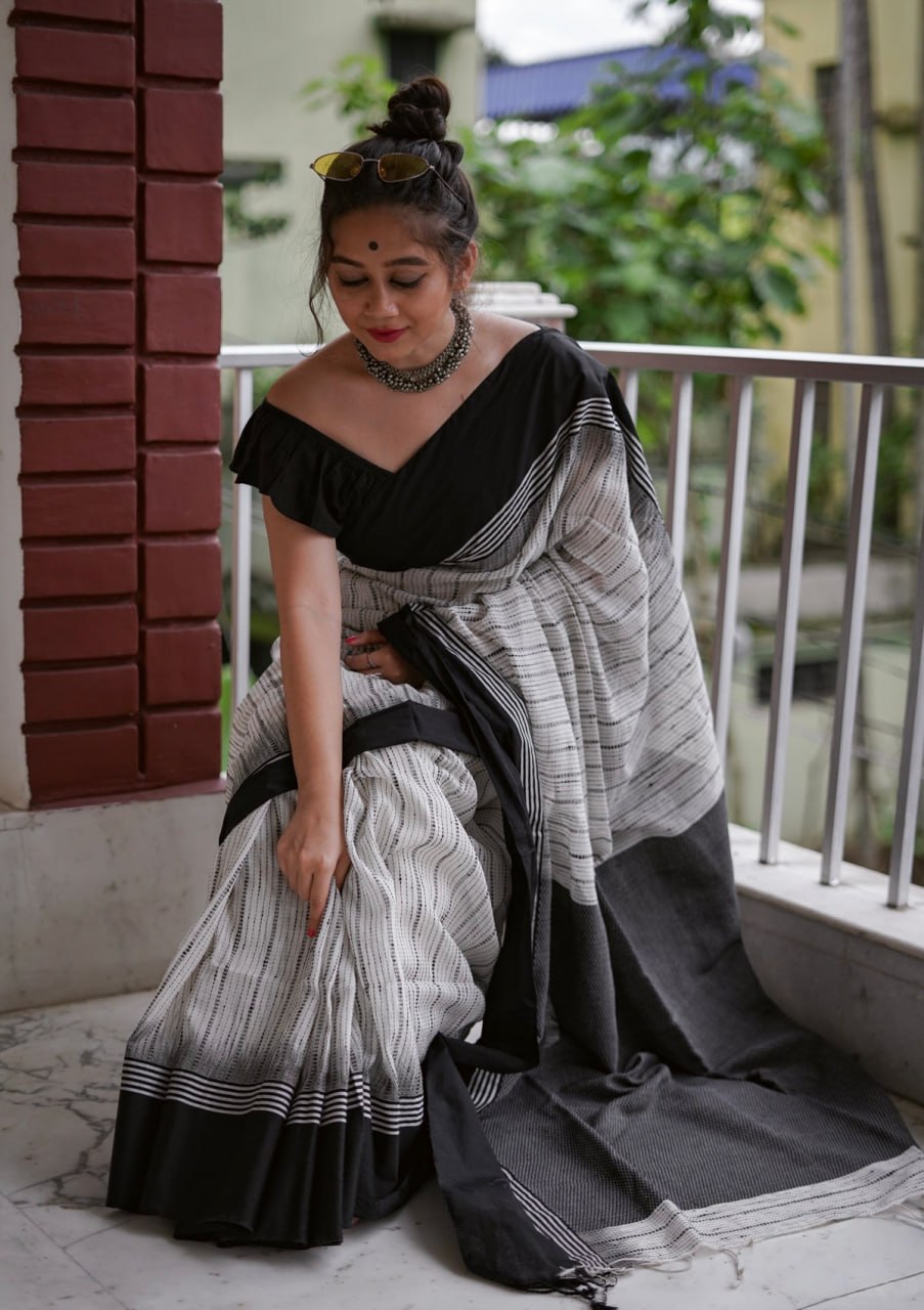 Classic White & Black Striped Saree with Traditional Border Design