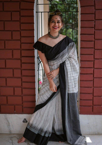 Classic White & Black Striped Saree with Traditional Border Design