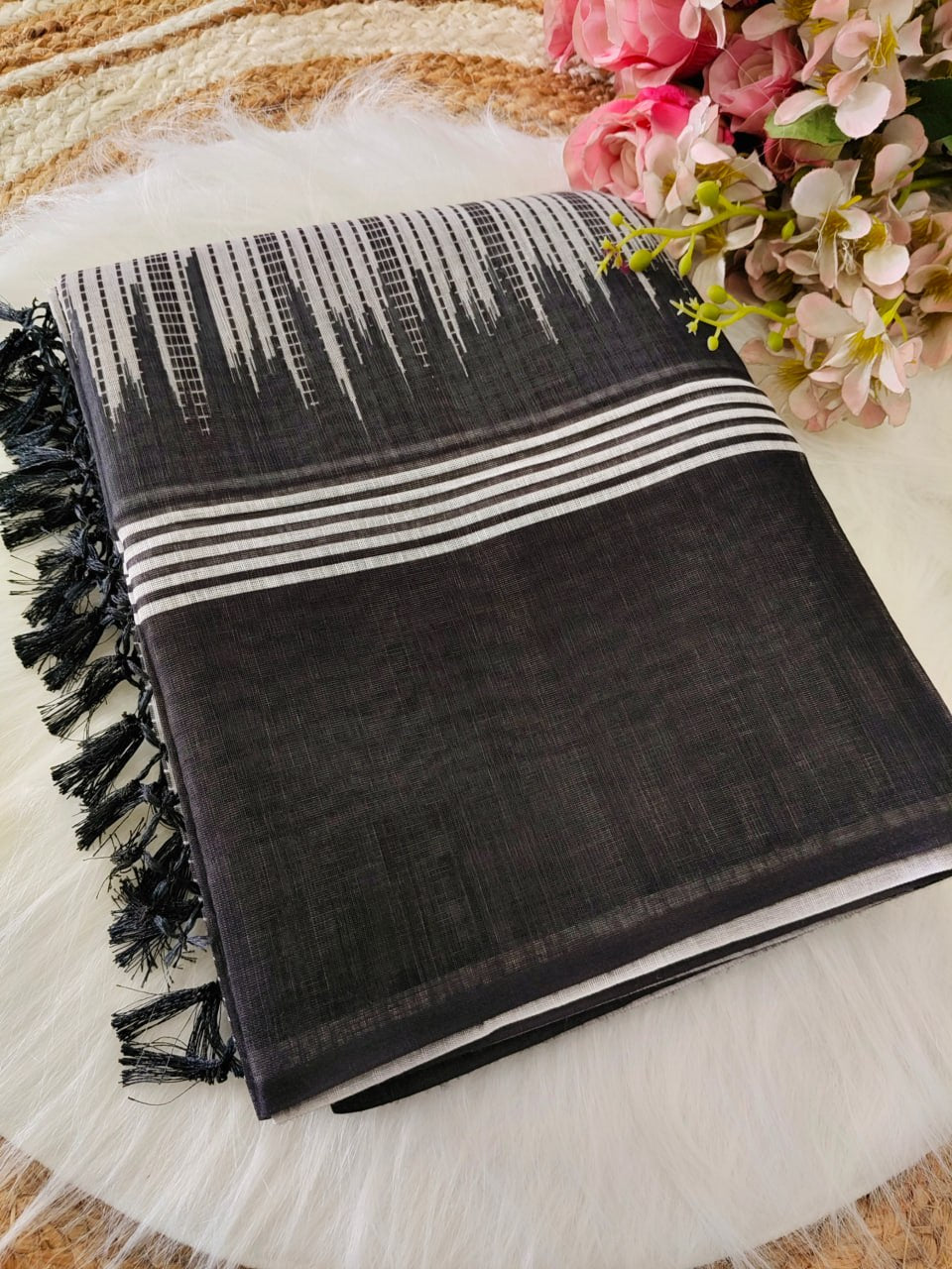 Classic White & Black Striped Saree with Traditional Border Design