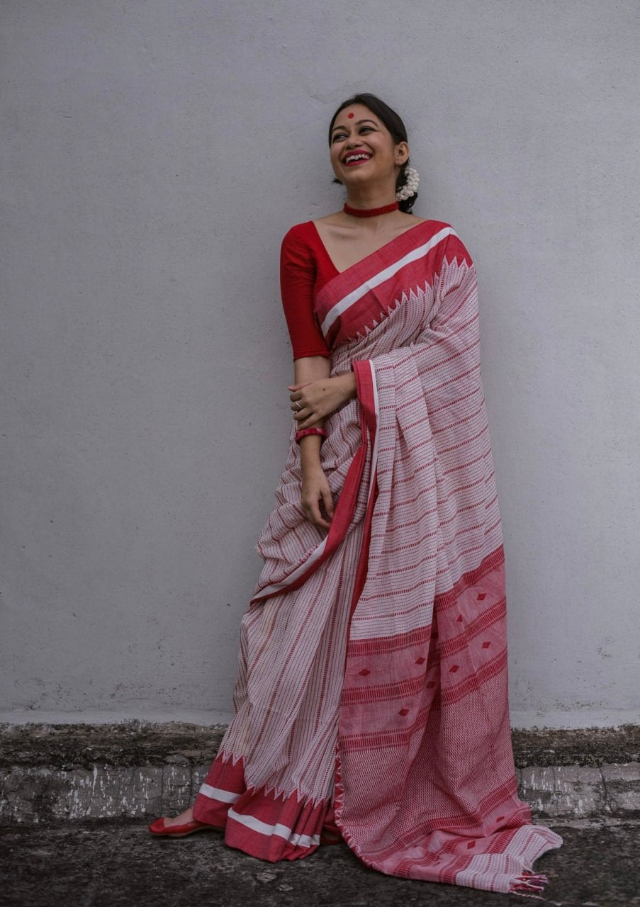 Classic White & Red Striped Saree with Traditional Border Design