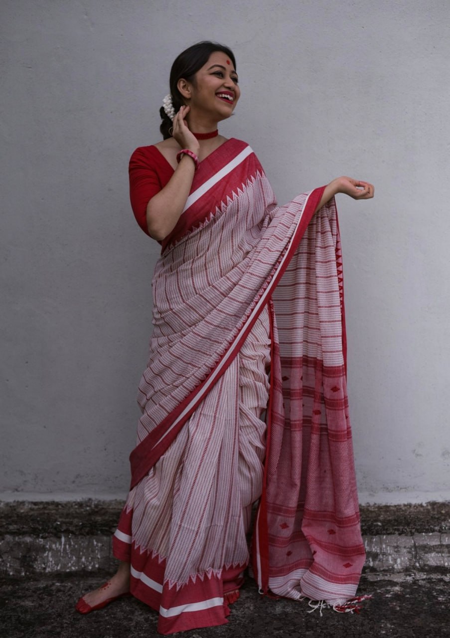 Classic White & Red Striped Saree with Traditional Border Design