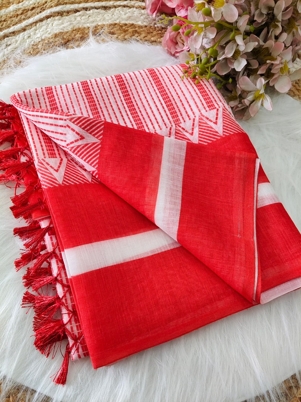 Classic White & Red Striped Saree with Traditional Border Design