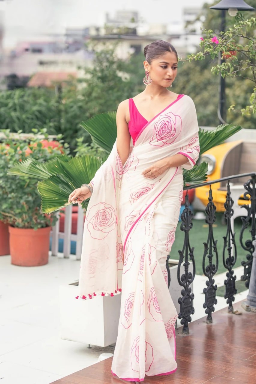 Elegant White Saree with Pink Floral Line Print & Minimal Border