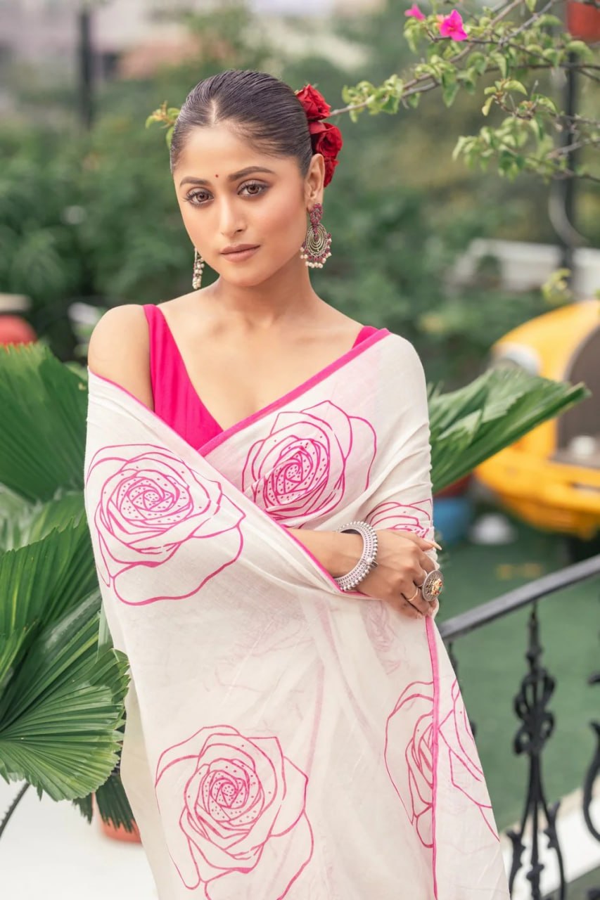 Elegant White Saree with Pink Floral Line Print & Minimal Border