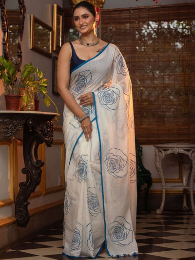 Elegant White Saree with Blue Floral Line Print & Minimal Border