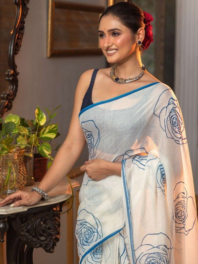 Elegant White Saree with Blue Floral Line Print & Minimal Border
