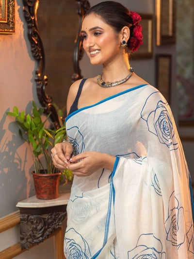 Elegant White Saree with Blue Floral Line Print & Minimal Border