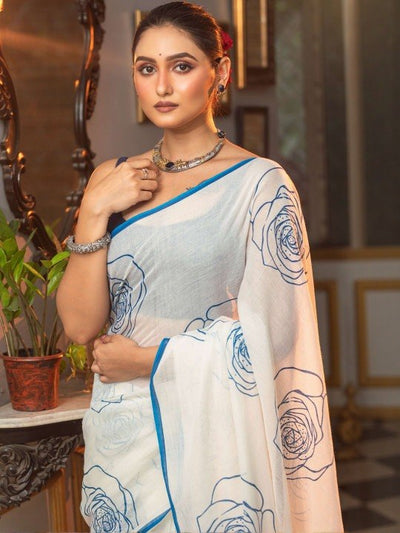Elegant White Saree with Blue Floral Line Print & Minimal Border