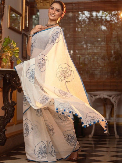 Elegant White Saree with Blue Floral Line Print & Minimal Border