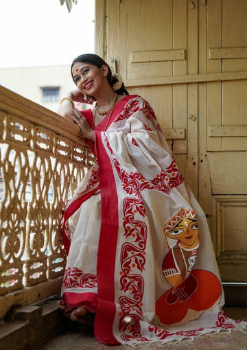 Off-White Saree with Red Traditional Art Print & Bold Border