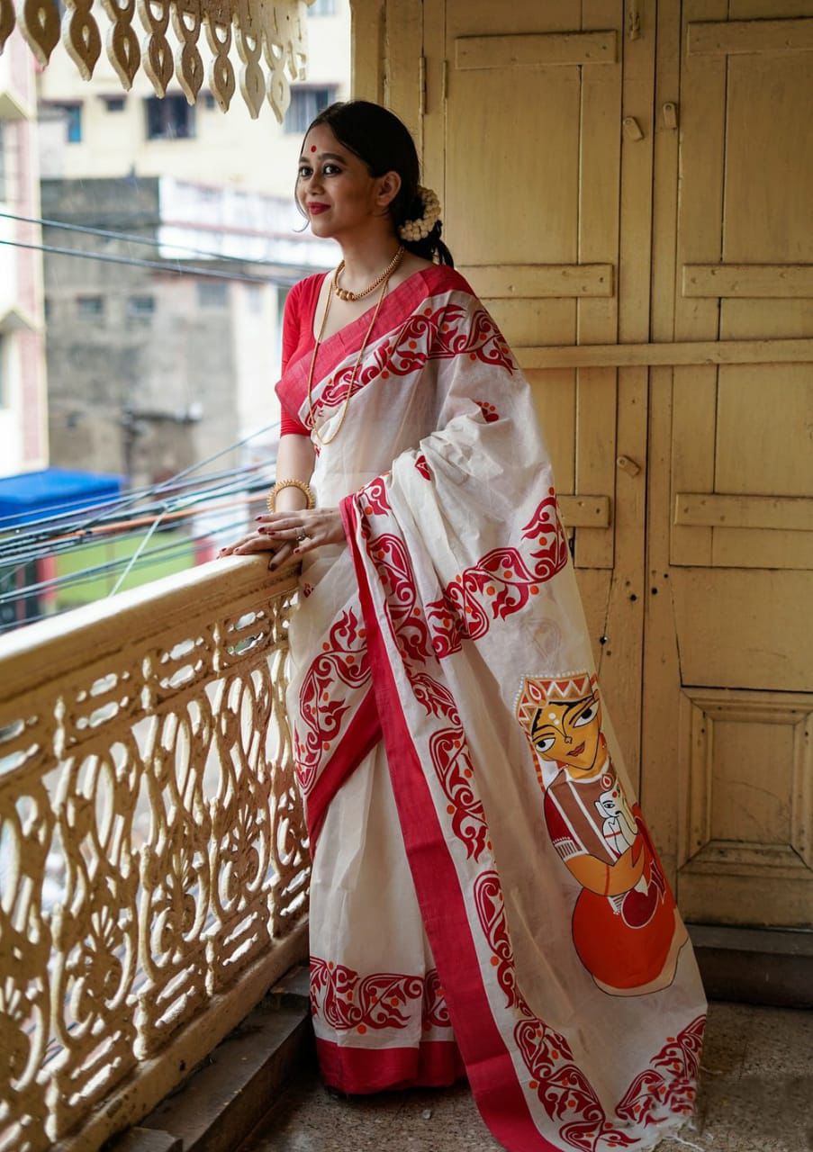 Off-White Saree with Red Traditional Art Print & Bold Border