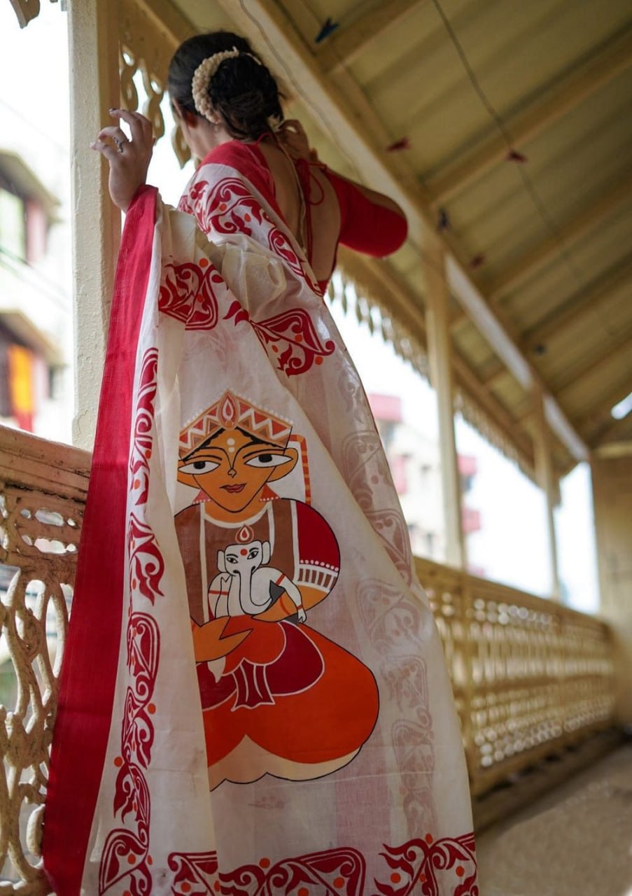 Off-White Saree with Red Traditional Art Print & Bold Border