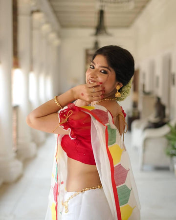 White Multicolor Printed Saree with Contemporary Geometric Design