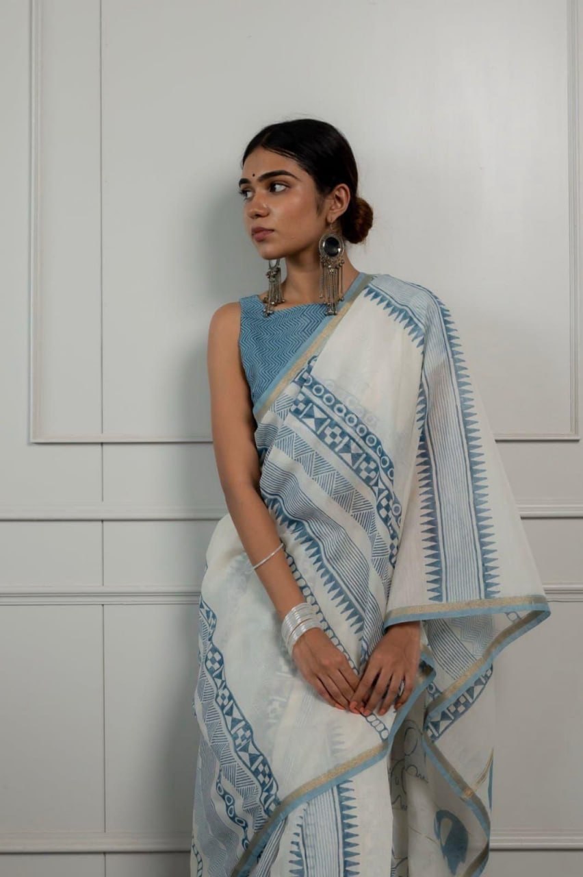 Ivory & Sky Blue Geometric Printed Saree with Minimal Ethnic Border