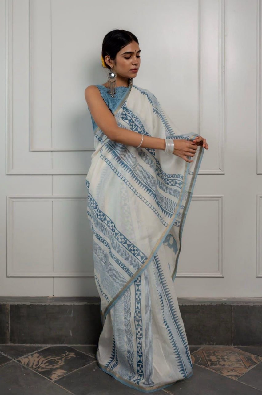 Ivory & Sky Blue Geometric Printed Saree with Minimal Ethnic Border