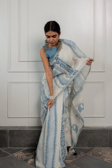 Ivory & Sky Blue Geometric Printed Saree with Minimal Ethnic Border