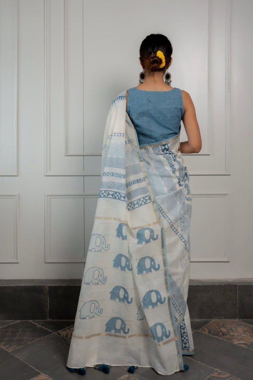 Ivory & Sky Blue Geometric Printed Saree with Minimal Ethnic Border