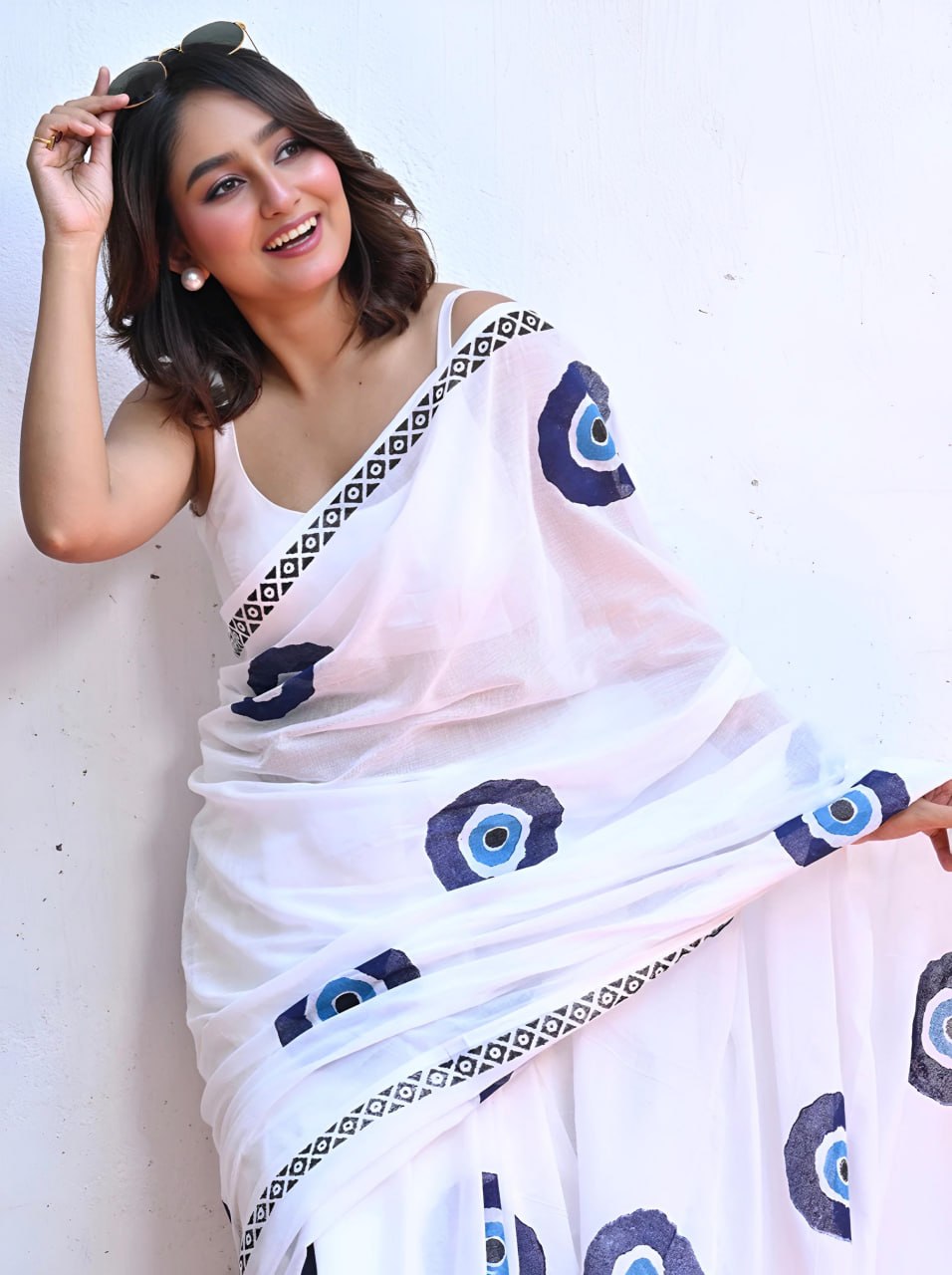 White Printed Saree with Blue Abstract Motifs & Designer Border