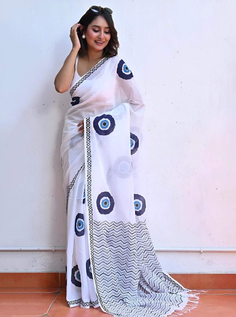 White Printed Saree with Blue Abstract Motifs & Designer Border