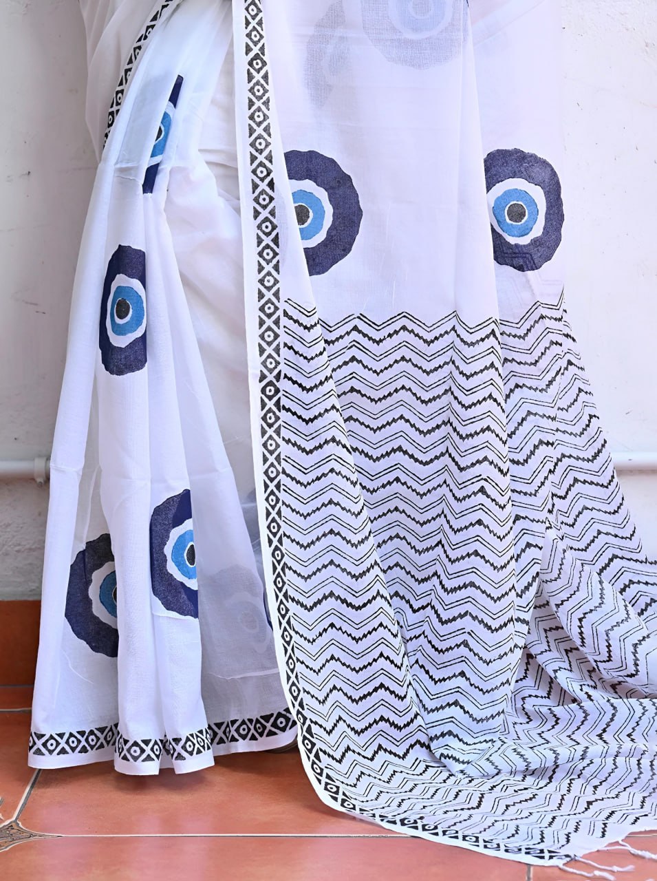 White Printed Saree with Blue Abstract Motifs & Designer Border