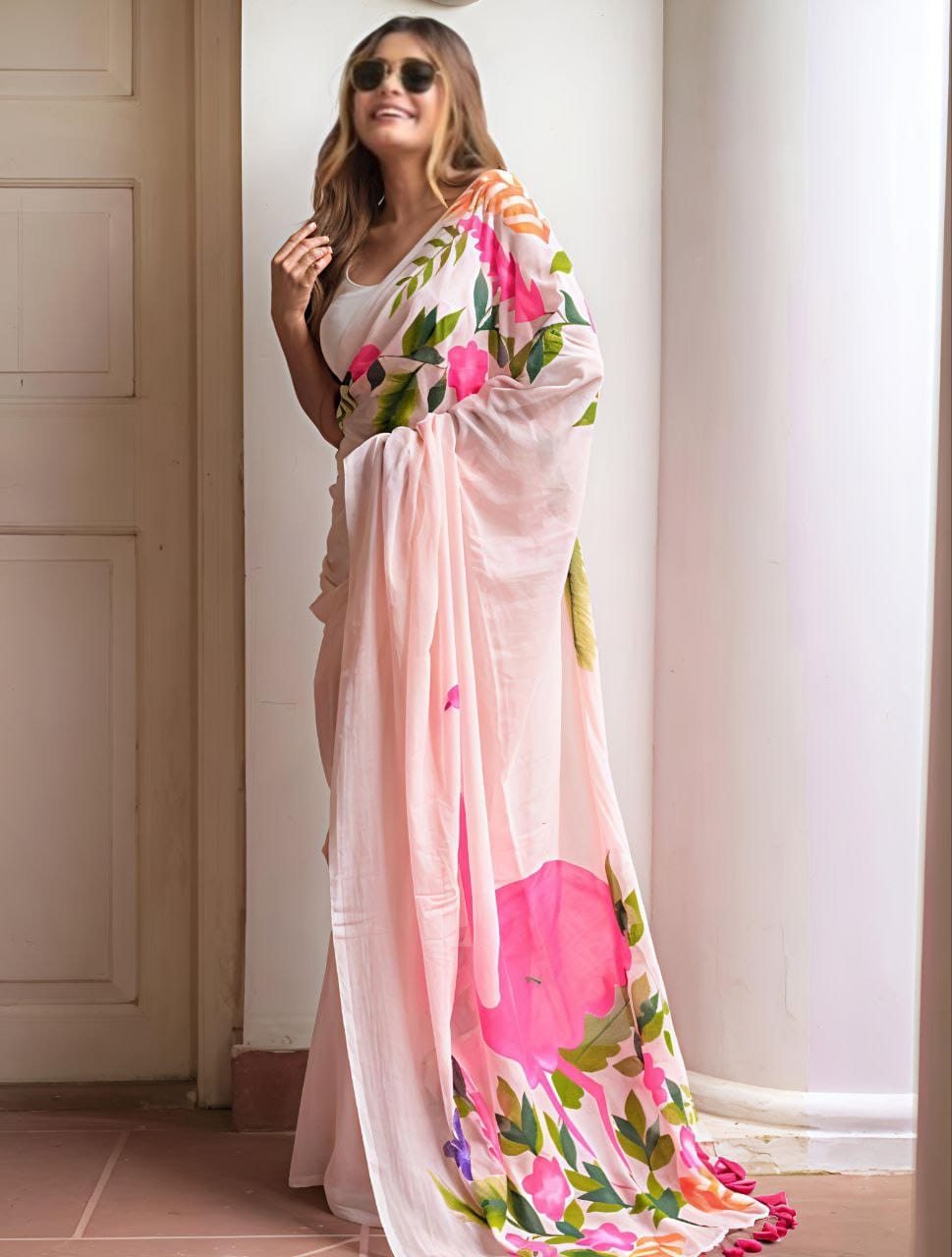 Blush Pink Floral Printed Organza Saree with Elegant Draping