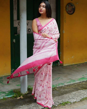 Blush Pink Printed Saree with Ethnic Border & Tassel Pallu