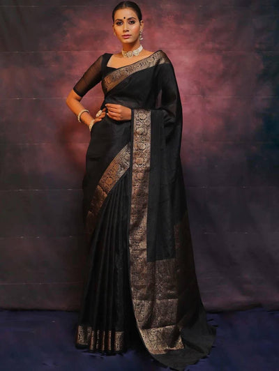 Black Soft Lichi Saree with Copper-Tone Floral Border