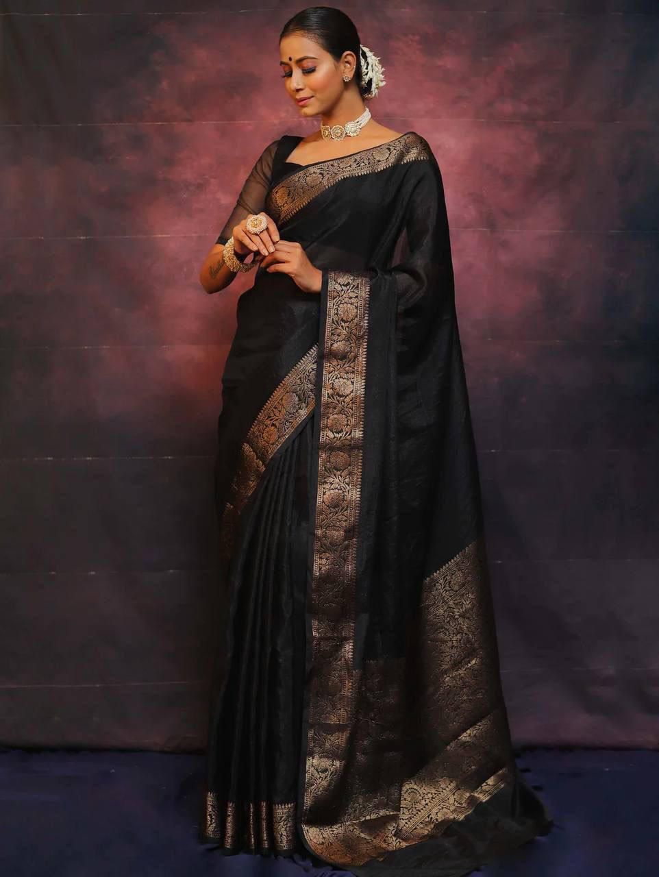 Black Soft Lichi Saree with Copper-Tone Floral Border