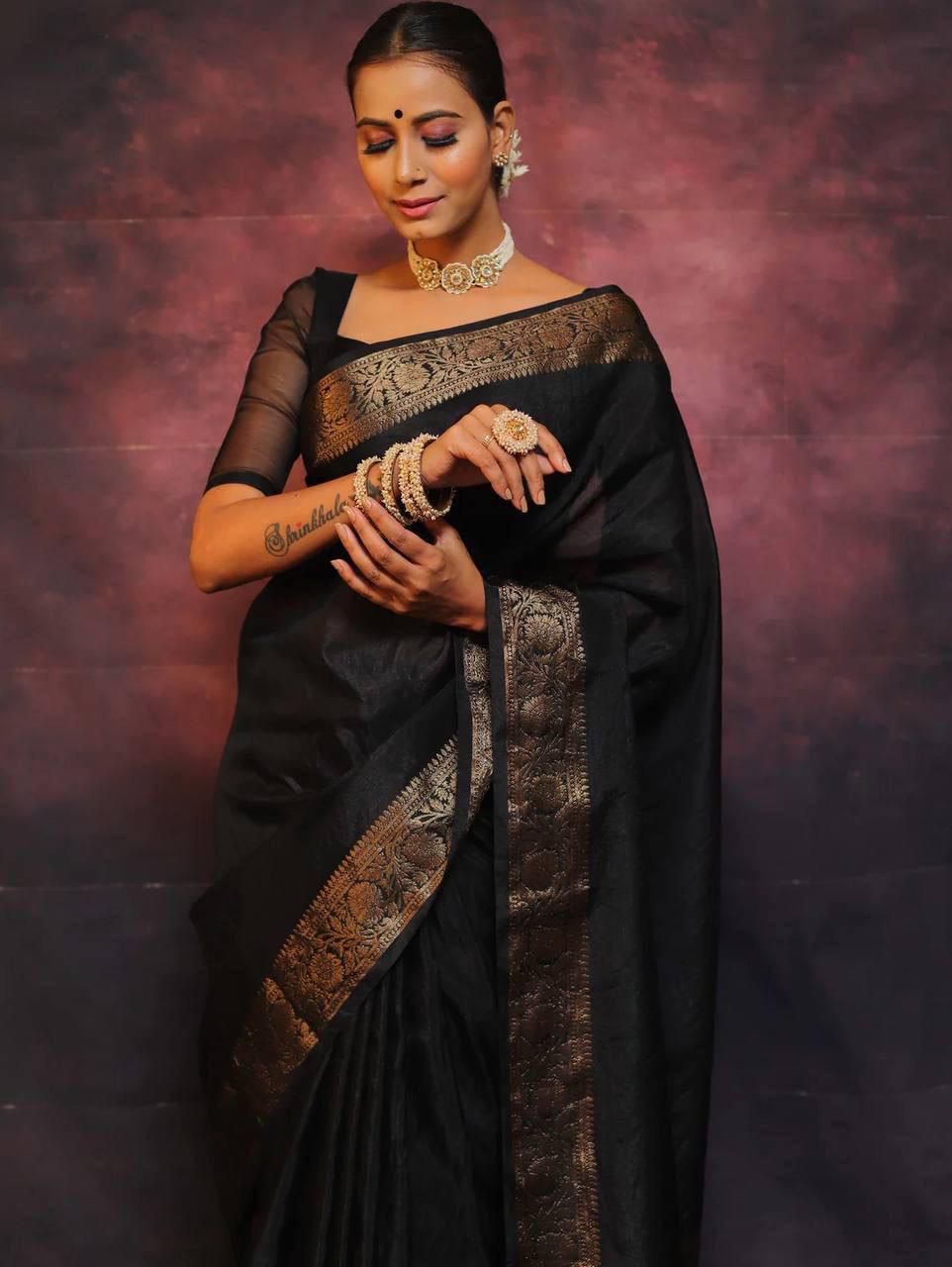 Black Soft Lichi Saree with Copper-Tone Floral Border
