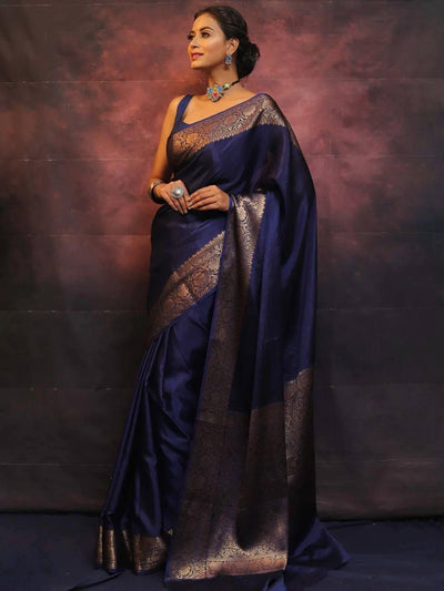 Midnight Blue Soft Lichi Silk Saree with Antique Gold Jacquard Border