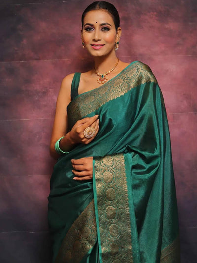 Emerald Green Soft Lichi Silk Saree with Rich Golden Jacquard Border