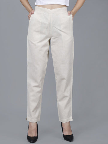 Cream Women Comfort Pleated Trousers