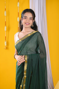 Bottle Green Mul Mul Cotton Saree with Golden Border &Ready Wear Ivory Blouse