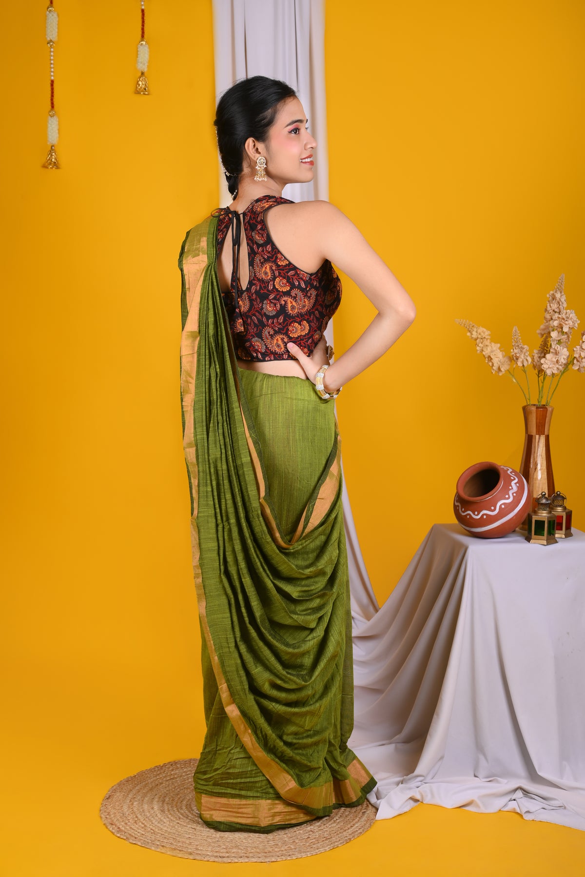 Olive Green Mul Mul Cotton Saree with Magenta Pallu & Printed Blouse