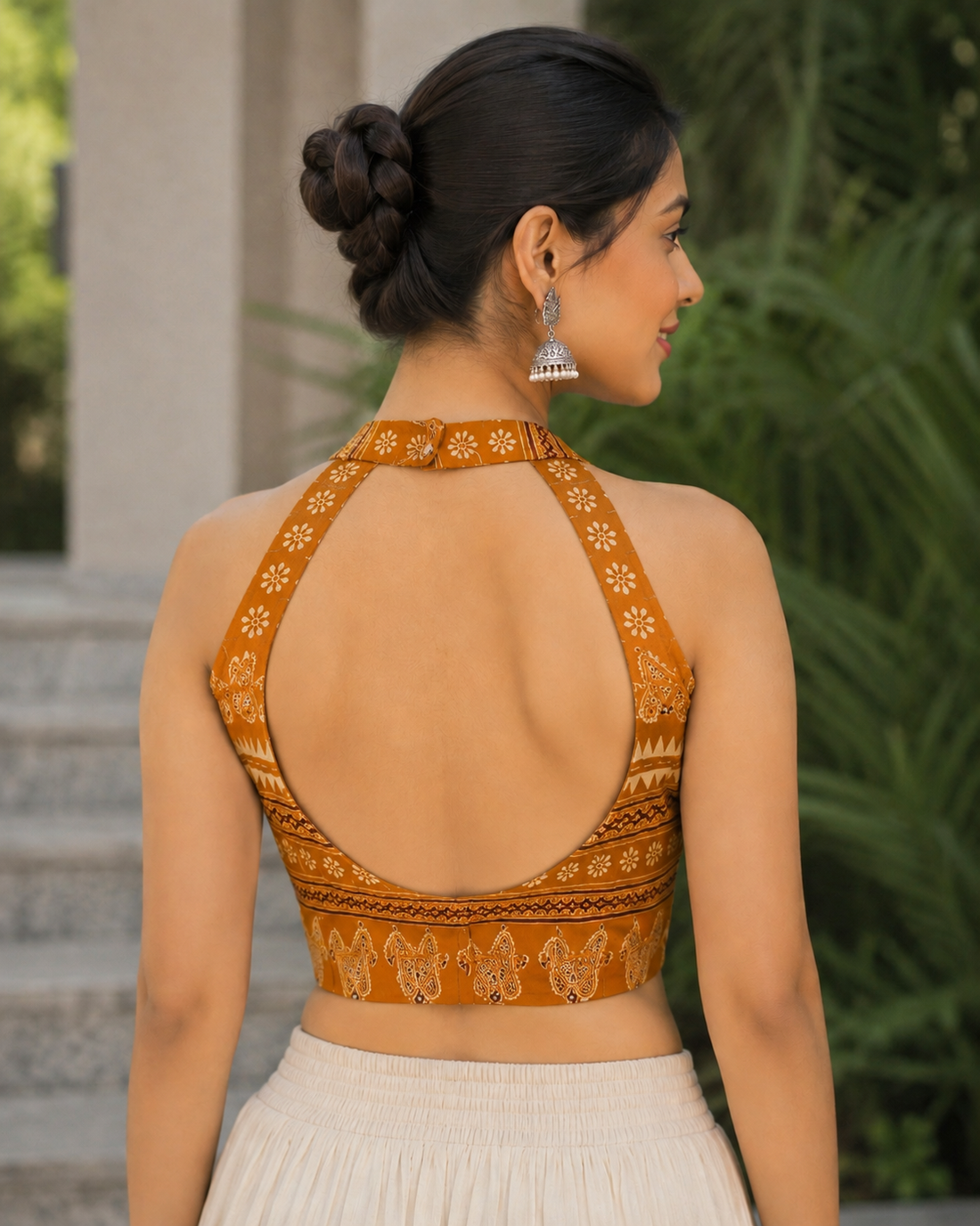 Women’s Mustard Orange Ethnic Printed Cotton Halter-Neck Blouse with Deep Open Back