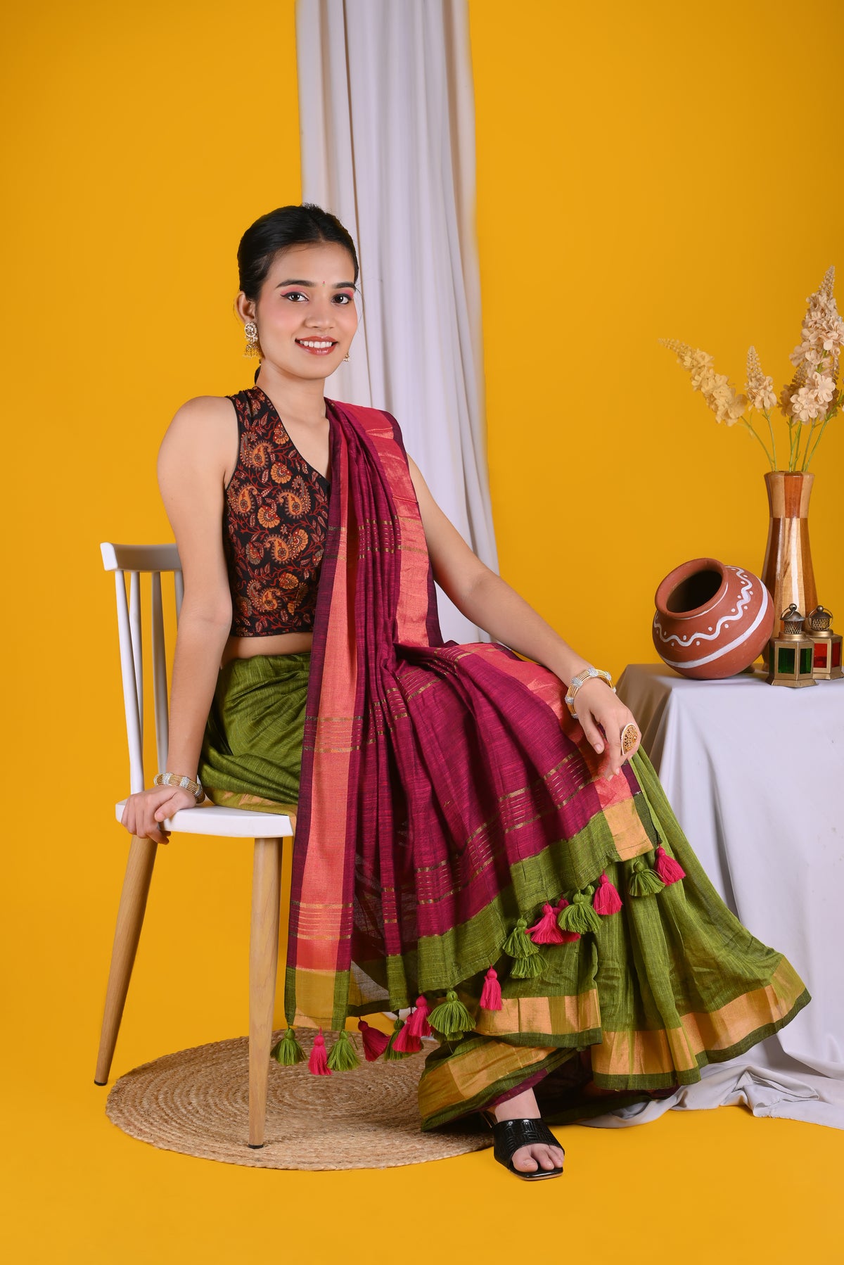 Olive Green Mul Mul Cotton Saree with Magenta Pallu & Printed Blouse