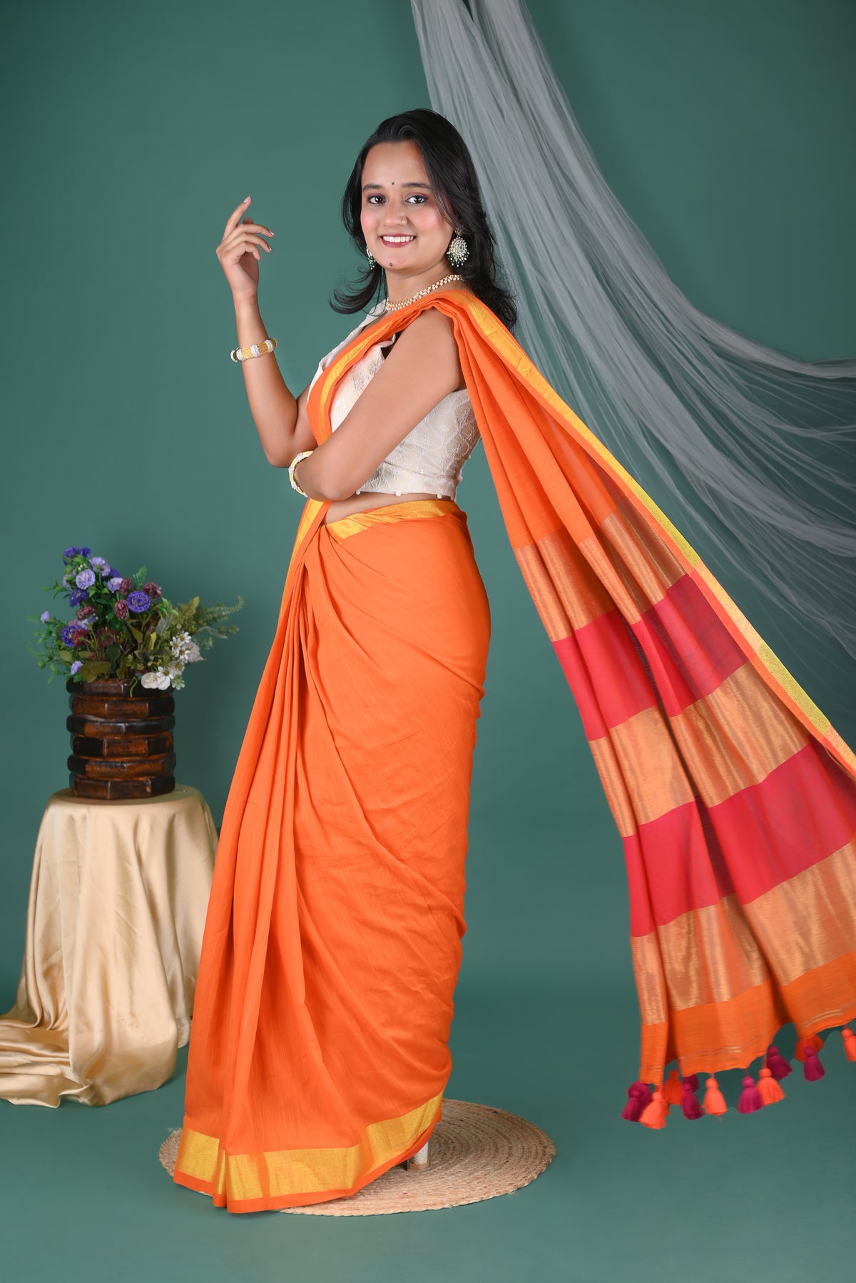 Tangerine Orange Mul Mul Cotton Saree with Golden Border &Ready Wear Ivory Blouse