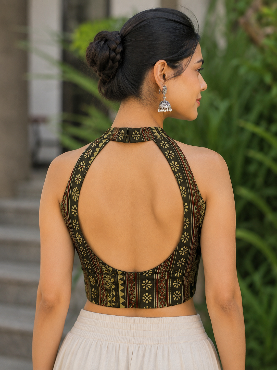 Women’s Olive Green Ethnic Printed Cotton Halter-Neck Blouse with Deep Open Back